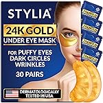 Stylia Under Eye Patches for Puffy Eyes and Dark Circles (30 Pairs) - 24k Gold Under Eye Mask with Vitamin C, Hyaluronic Acid, Pearl Extract - Eye Masks for Dark Circles and Puffiness