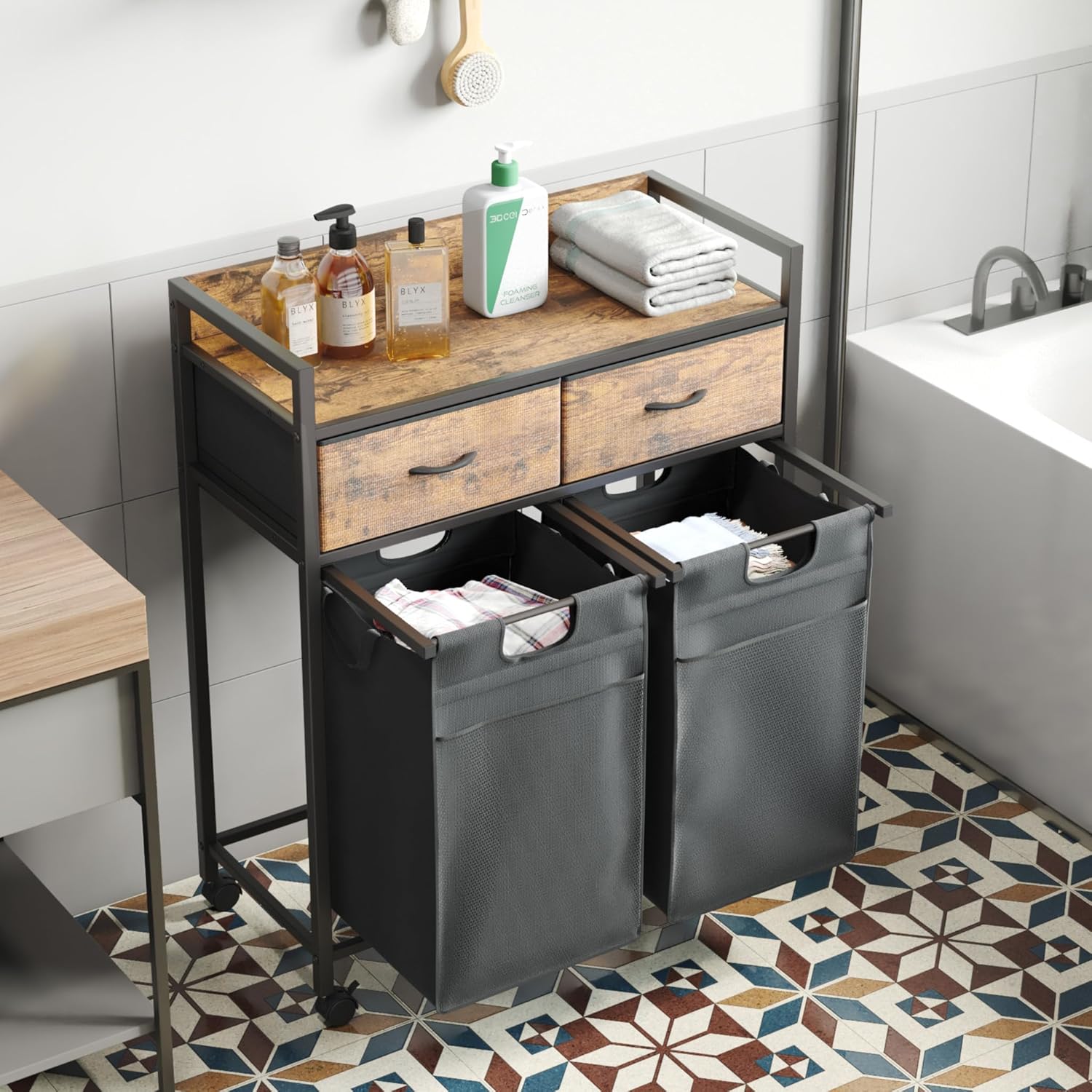 Laundry Sorter with 2 Drawers, 100L with Pull-Out Removable Laundry Bags, Laundry Hamper Baskets with 2 Section and Wheels, Rustic Brown and Black