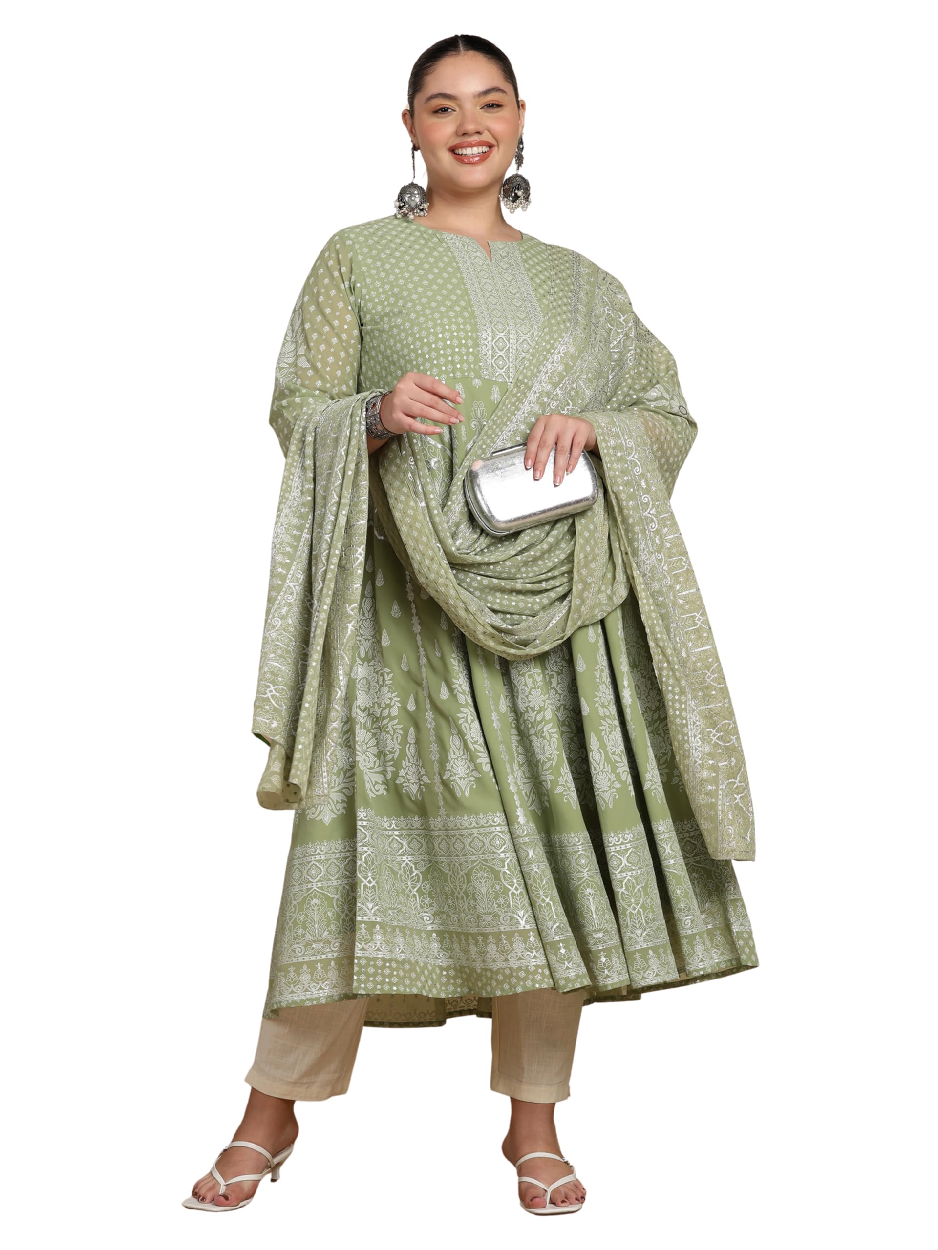 Yash Gallery Women’s Georgette Anarkali Kurta with Dupatta|Jaipuri Floral & Border Print | Flared Ghera,Round Notch Neck, 3/4 Sleeves Only Kurta & Dupatta (No Pant)