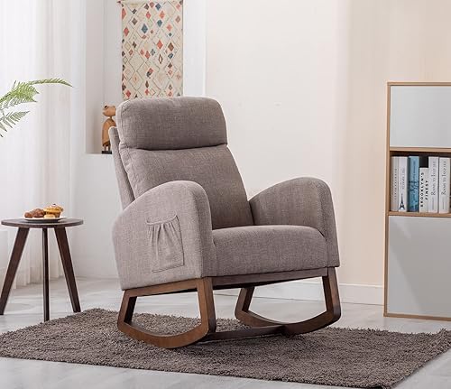 Miniatura 8 de KINFFICT Cómoda mecedora, tapizada para guardería o relajación, sillón de sala de estar con respaldo alto y reposacabezas, moderno balancín con