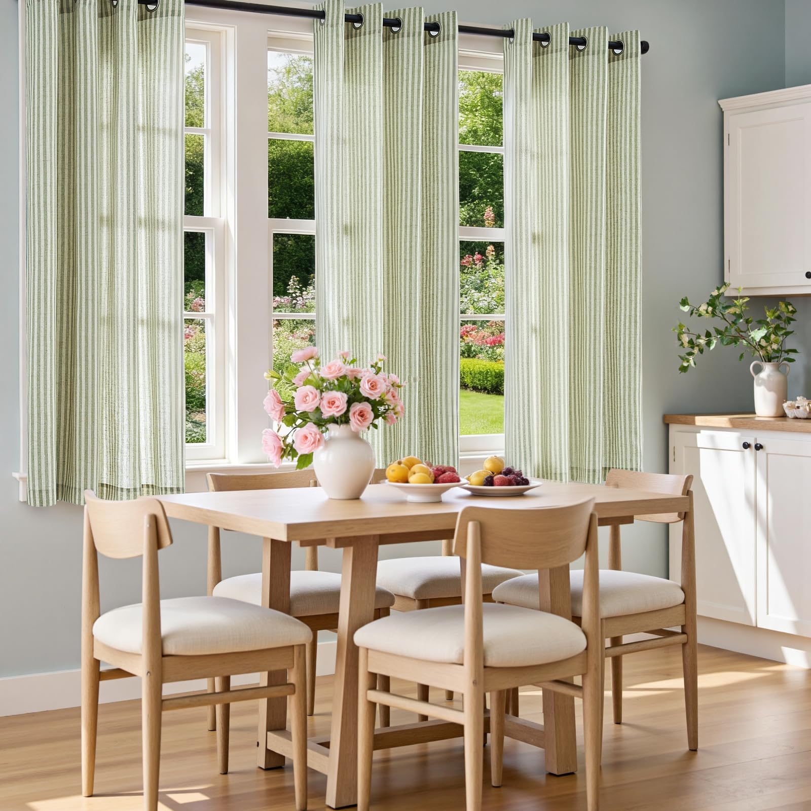 Vangao Lot de 2 Rideaux de fenêtre en Lin à Rayures coutil filtrant la lumière – Rideaux de fenêtre à Rayures Vertes Fines imprimées sur Beige – 160 cm de Long – pour Salon, Chambre à Coucher