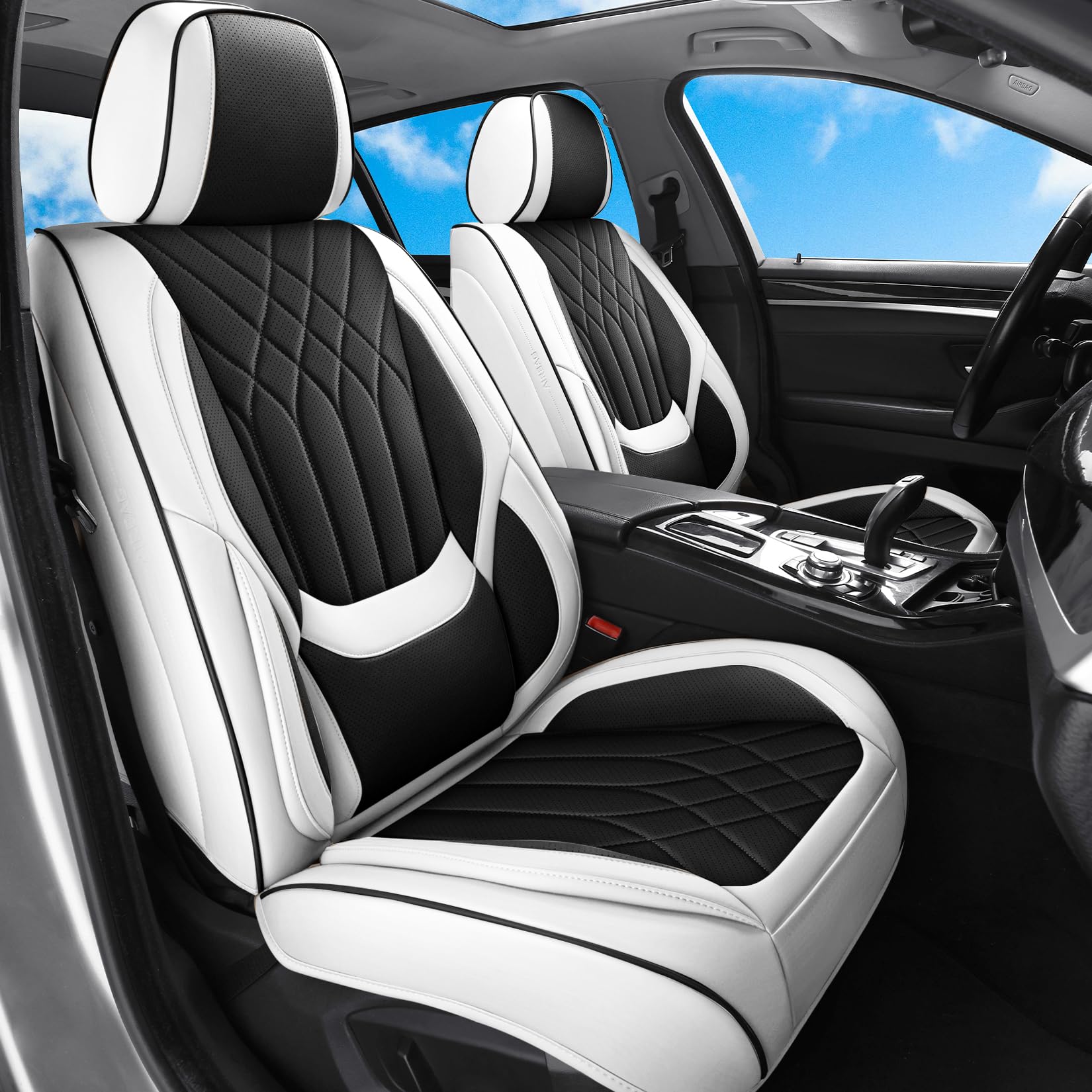 Photo 1 of GEZHOUBA Black White Car Seat Covers Full Set, Full Coverage Luxury Leather Automotive Seat Covers Waterproof Car Seat Protector, Front & Rear Seats Cover Sets Universal Fit for Most Cars SUVs Trucks