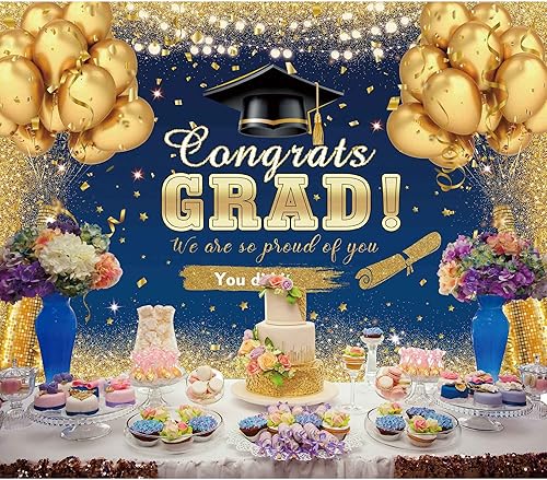 Miniatura 3 de Cartel de fondo de graduación de 8 x 6 pies para celebrar la graduación 2024 decoraciones de fiesta con globos azules y dorados con purpurina para