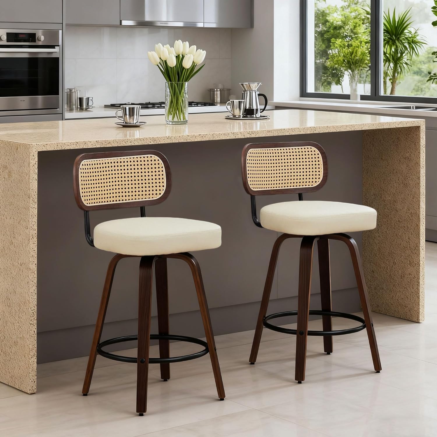 Swivel Bar Stools Set of 2, 26" Counter Height Barstools with Rattan Back & Bentwood Legs, Upholstered Faux Leather Mid-Century Modern Kitchen Island Chairs (Beige)