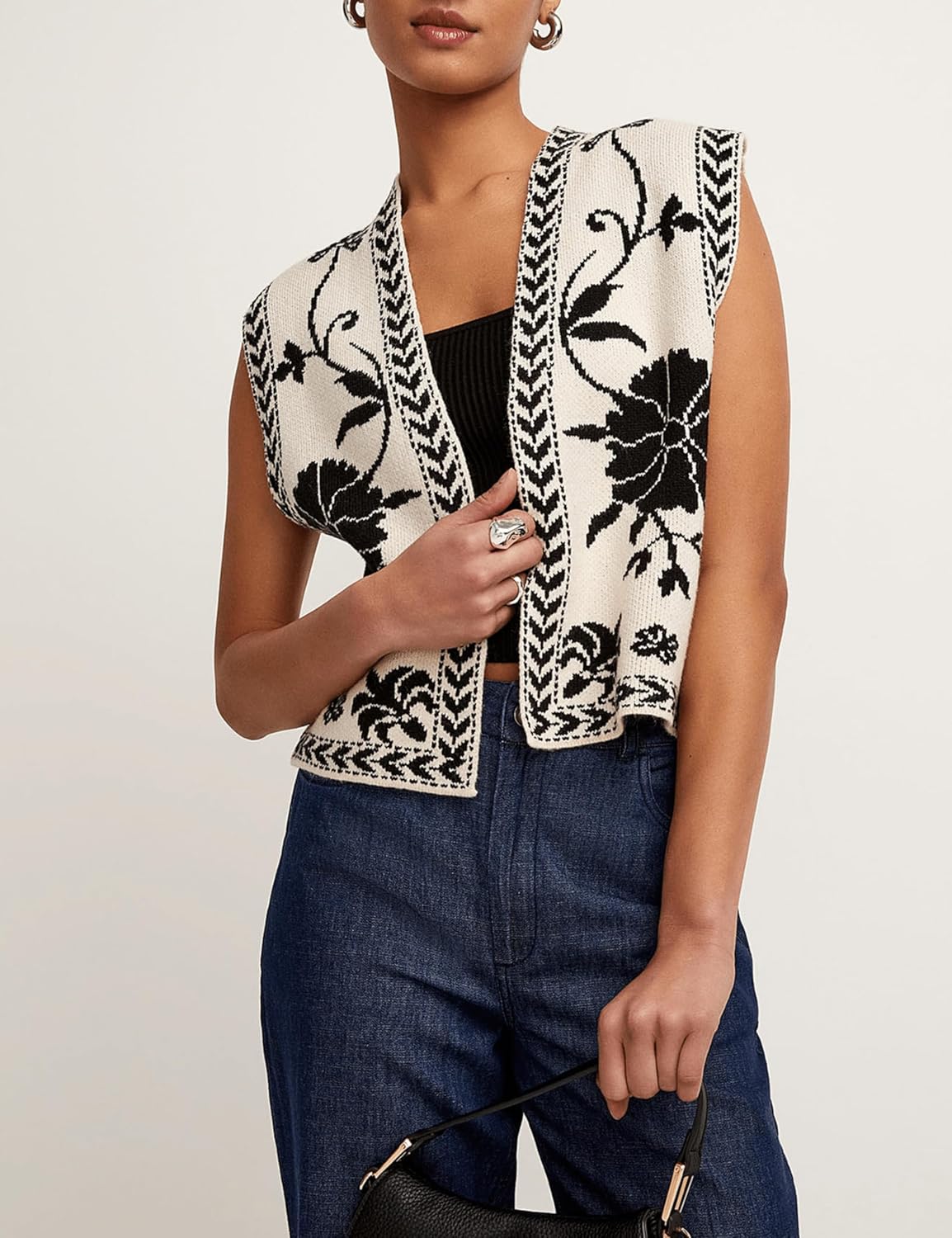 Womens Floral Sleeveless Sweater Vest Boho Printing Cropped Casual Knit Cardigan Top - Image 2