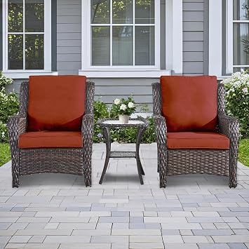 3 Pieces Patio Furniture Conversation Set PE Rattan Wicker Outdoor with 2 Armrest Chair and 1 Coffee Side Table, Soft Thick Washable Cushion for Yard Backyard Poolside Garden Brown/Orange