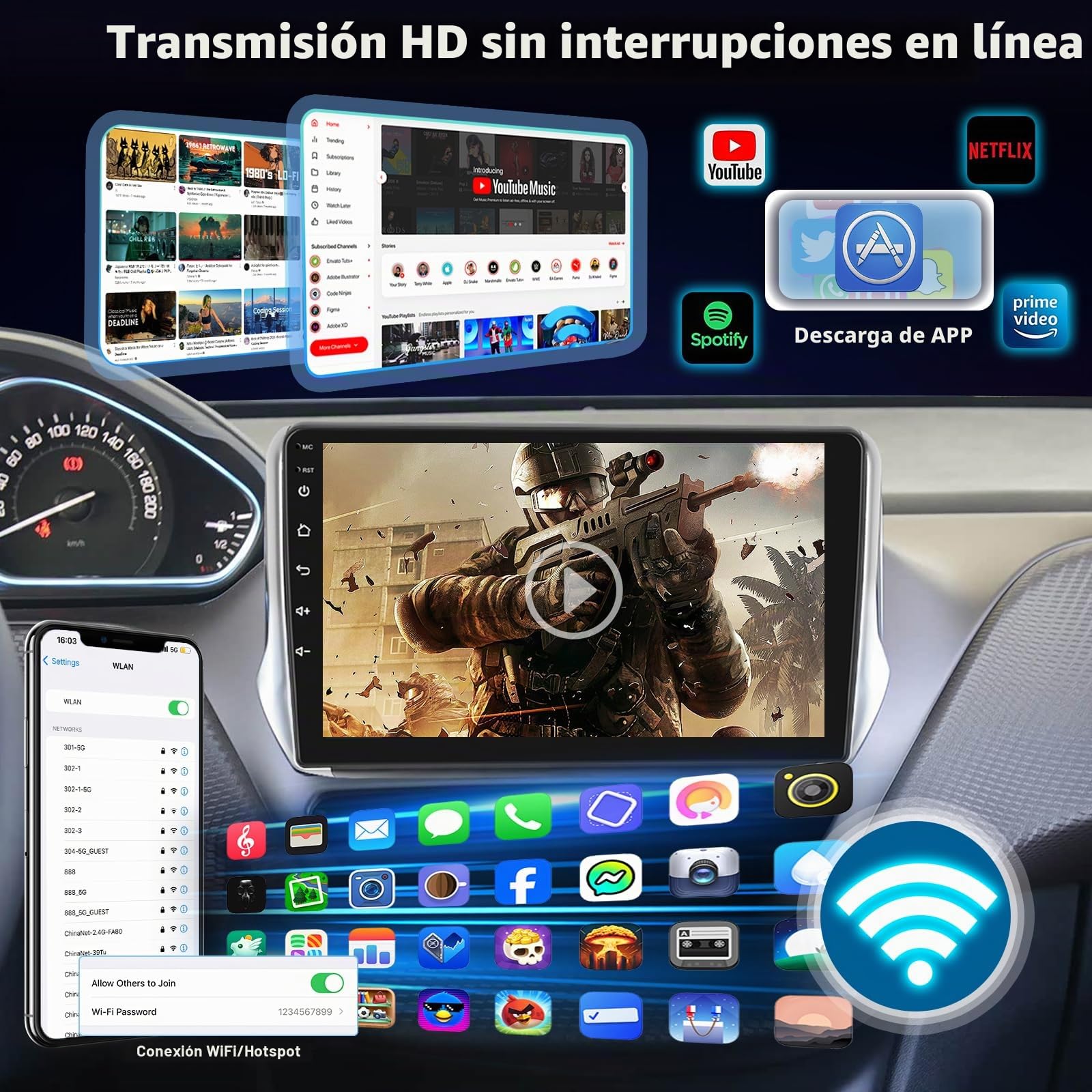 8 Núcleos 4+64 GB Radio Android para Peugeot 307 2002–2013, Pantalla táctil 9″ 1280×720 IPS con CarPlay & Android Auto inalámbrico, GPS WiFi DSP 32EQ + cámara AHD y micrófono Externo