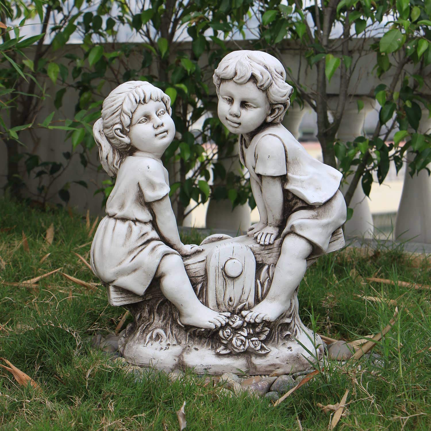 EEMKAY® New Stunning Sculpture Stone Effect Boy & Girl Seesaw Garden Fabulous Statue Ornament