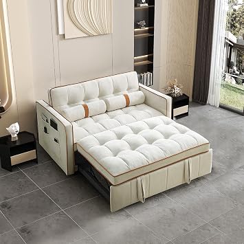 Pull Out Sofa Bed, 55.5" Loveseat Sleeper Sofa Bed, with Side Pocket Storage, Adjustable Backrest and Waist Pillow, Suitable for Small Space, Living Room, Bedroom, OfficeBeige