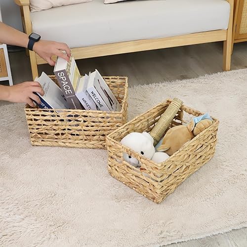 Miniatura 6 de Cesta rectangular de almacenamiento de jacinto de agua, cestas de mimbre para organizar, cestas de jacinto con asa, cesta decorativa de ratán para