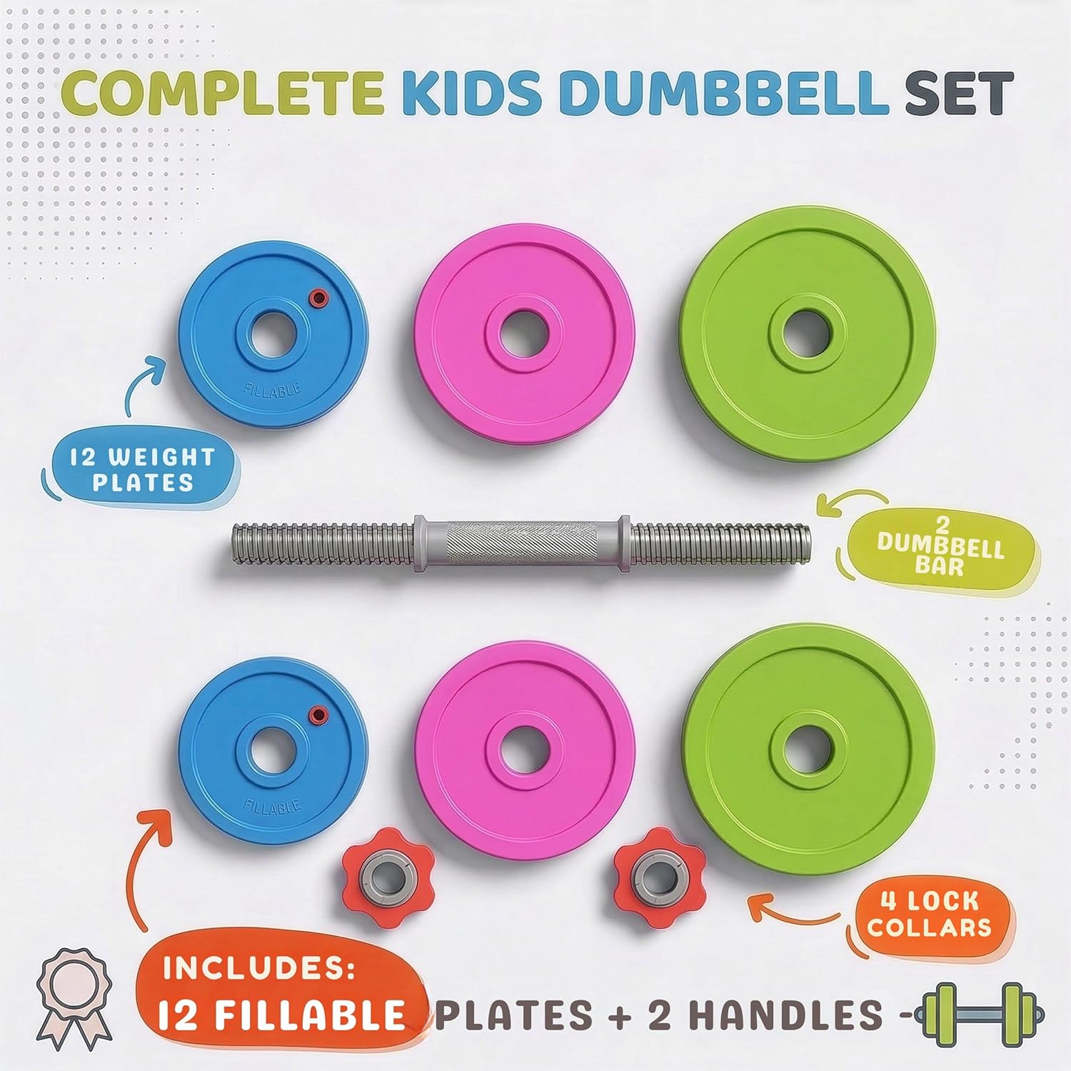 Kids Workout Dumbbell Weights Set - Toddler Toy Gym Equipment for Pretend Play Lifting, Exercise & Fitness - Adjustable Fill with Sand or Water