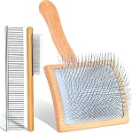 Large Slicker Brush Set for Medium & Long Hair & Curly Coat Dogs & Cats, Goldendoodles, Doodles & Poodles, Wooden Brush for Shedding with Grooming Comb and Stainless Steel Pet Comb, Red