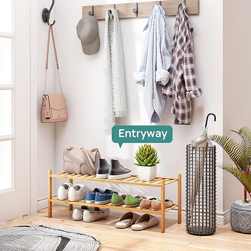 Vista 95 de Zapatero de bambú negro de 4 niveles para entrada, apilable, plegable, natural, organizador de zapatos para armario de pasillo, zapateros de pie