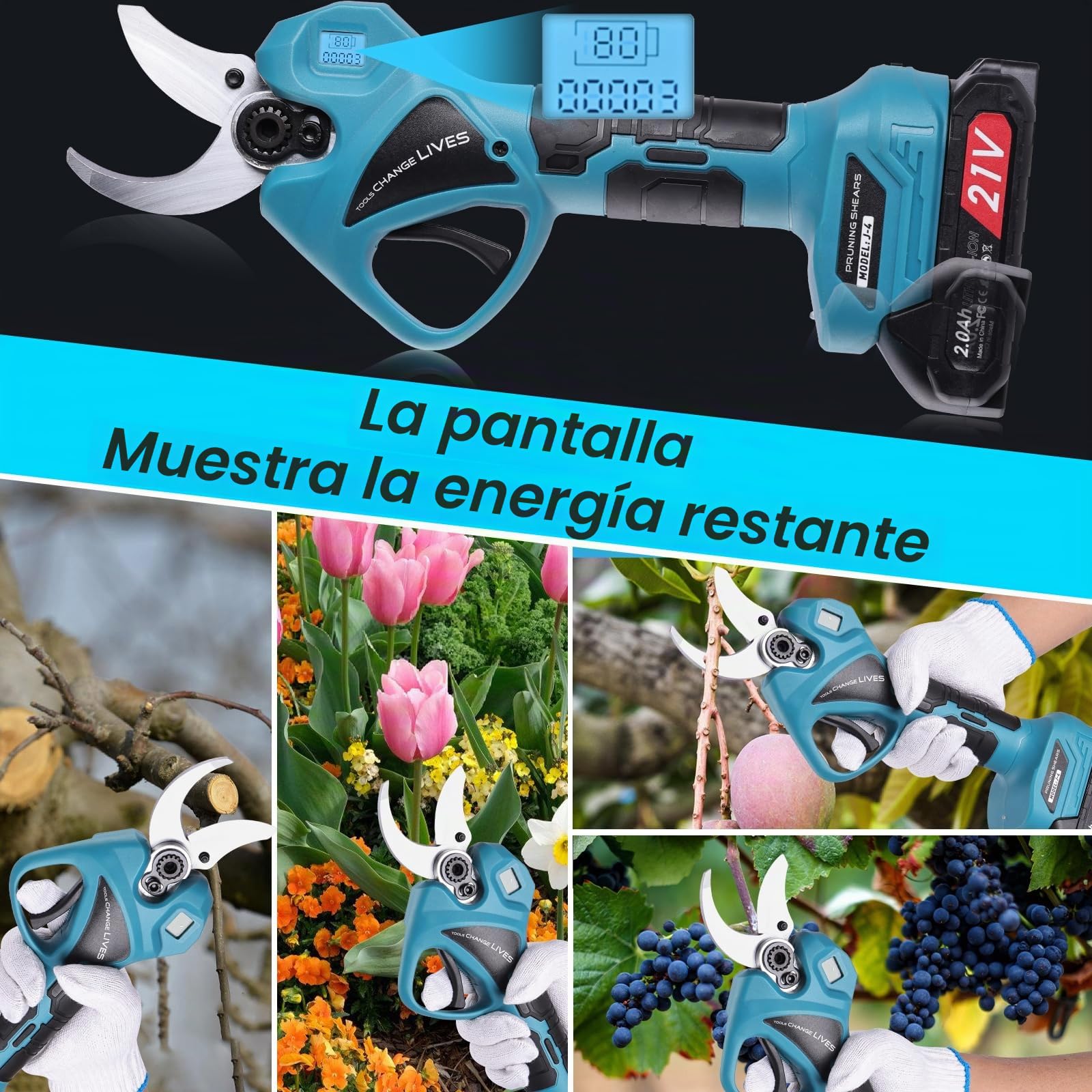 Tijeras de Podar Eléctricas 45mm con Pantalla Digital, 2 Baterías 2000mAh, Motor Sin Escobillas, Tijeras de Podar Profesionales para Jardinería, Árboles Frutales, Olivos, Viñedos y Parques