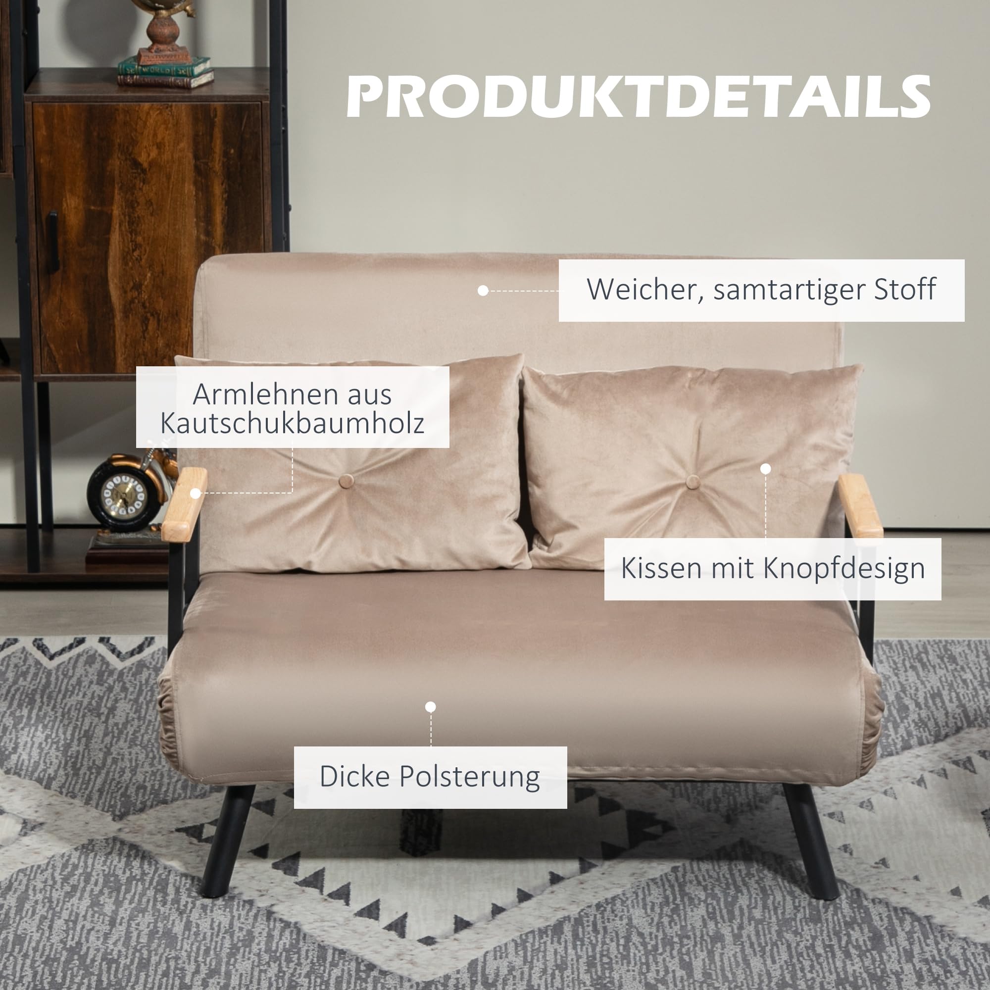 HOMCOM sofa rozkładana 4 w 1 2-osobowe z funkcją spania, 183 x 98,5 cm składana kanapa do spania z 5-stopniowo regulowanym oparciem, poduszką lędźwiową i welurowym wykończeniem dla salonu