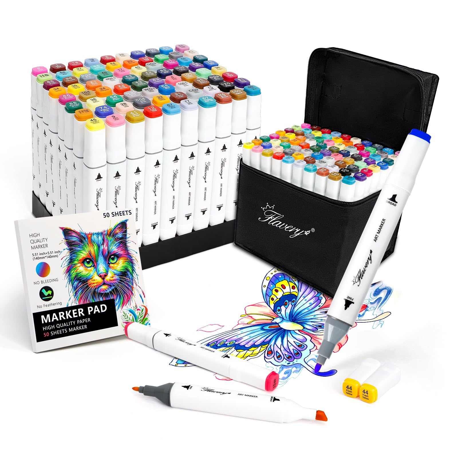 Flavery Marker Pen Set, 80 Colors, Drawing Book Included, Thick, Fine Ends, Illustration Marker, Vibrant Colors, Carrying Case Included, Notebook/Coloring/Cartoon, Gift for Beginners and Adults : Offi