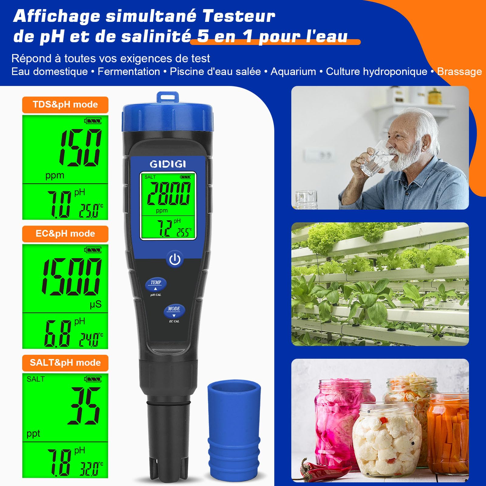 Mètre de pH - Testeur de sel de piscine 5 en 1 - Testeur TDS EC pH avec liquides étalonnage, compteur ppm pH pour piscine eau salée, aquarium, bain à remous, spa, hydroponique, bière