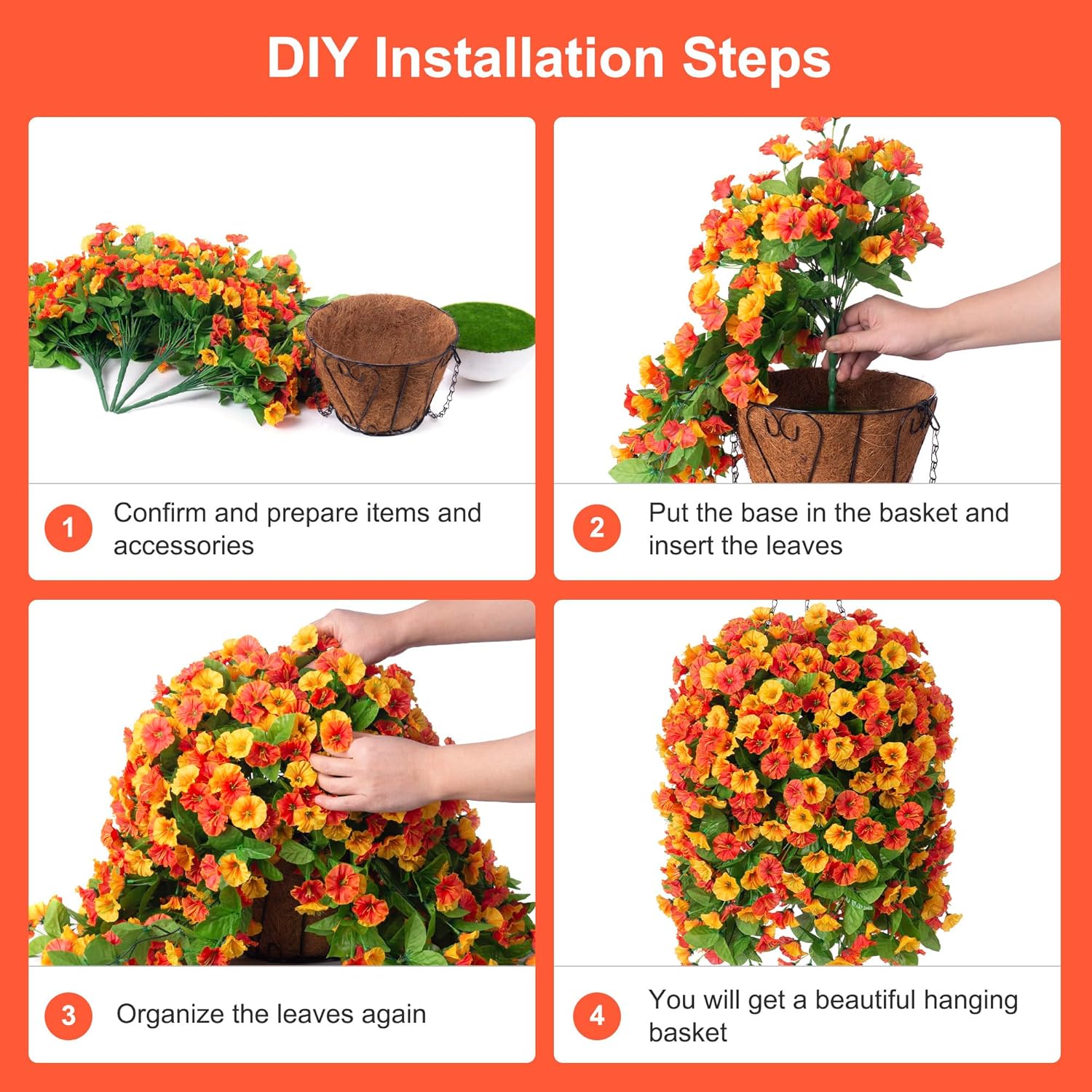 Artificial Flowers with Hanging Basket, Outdoor Faux Plants Silk Morning Glory Vines, Fake Green Arrangement for Garden Patio Spring Summer Decor(Orange) - Image 3