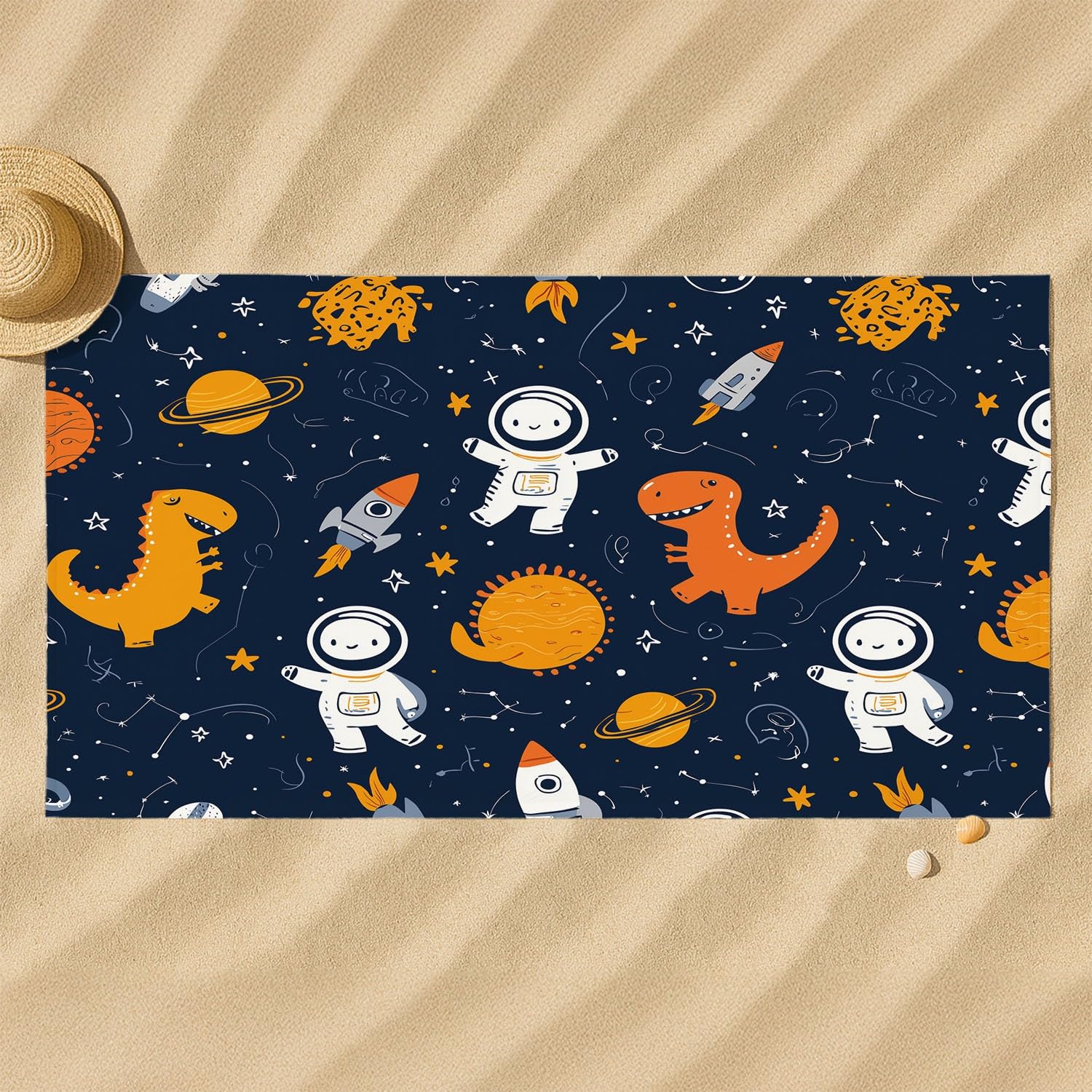 Lustig, Cartoon Strandtuch 200 x 145 cm – Saugfähiges Schnell trocknendes Strandtuch Raumanzüge, Dinosaurier, Raketen, Weltraum für Campen, Picknick, Ausflüge