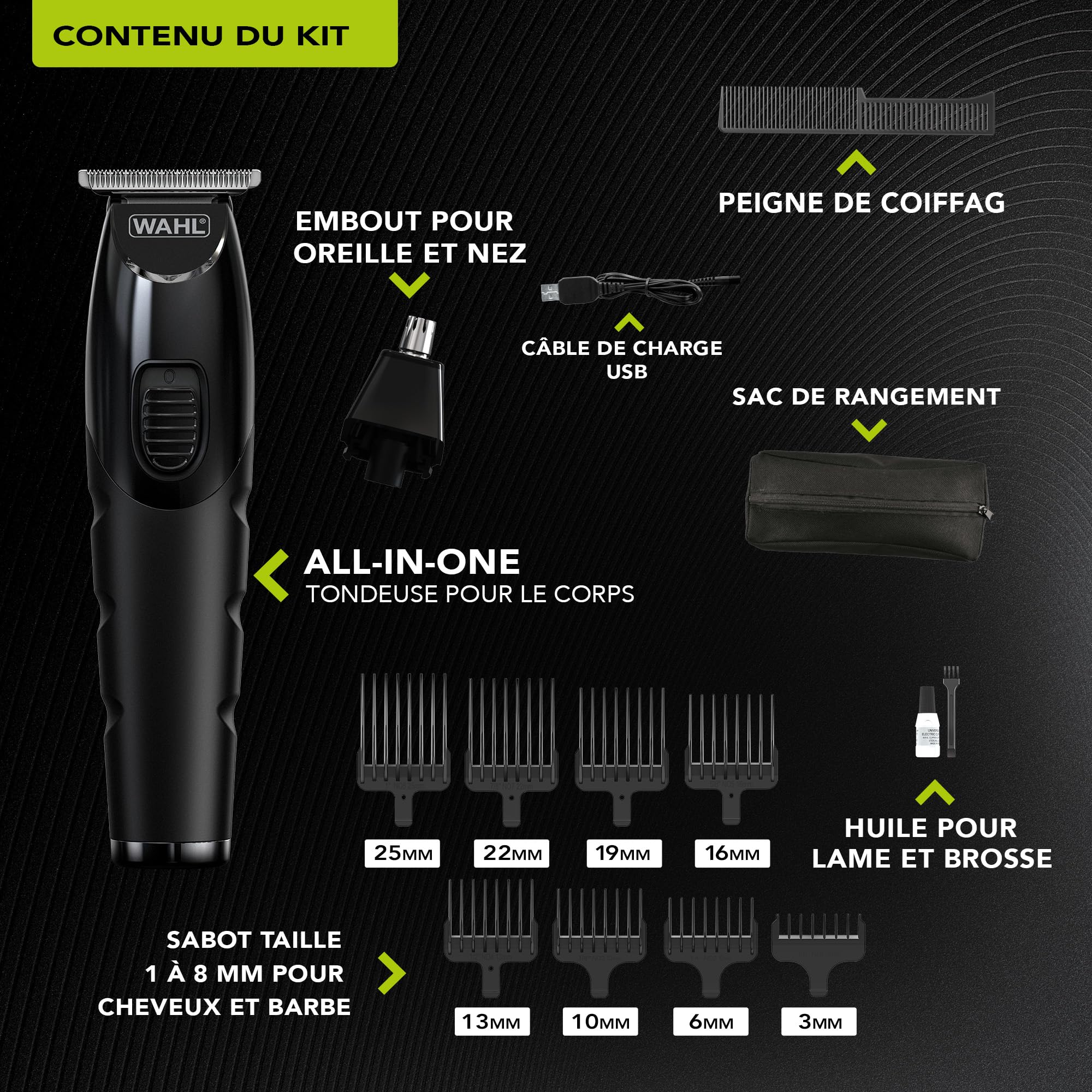 WAHL All in One Trimmer, cheveux, barbe, oreilles, nez et corps, batterie lithium puissante, têtes lavables et large tête en T, longueur de coupe de 0,5 mm à 25 mm, 210 minutes d'autonomie
