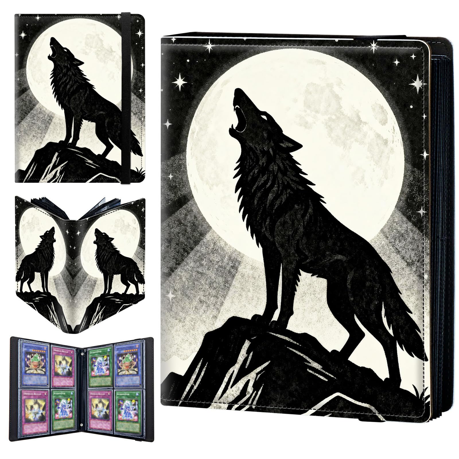 4 Pocket Trading Card Binder 320 Side Loading Pocket Album with Mountain Moon Wolf Pattern Design Card Binder for Sports Cards & Game Cards