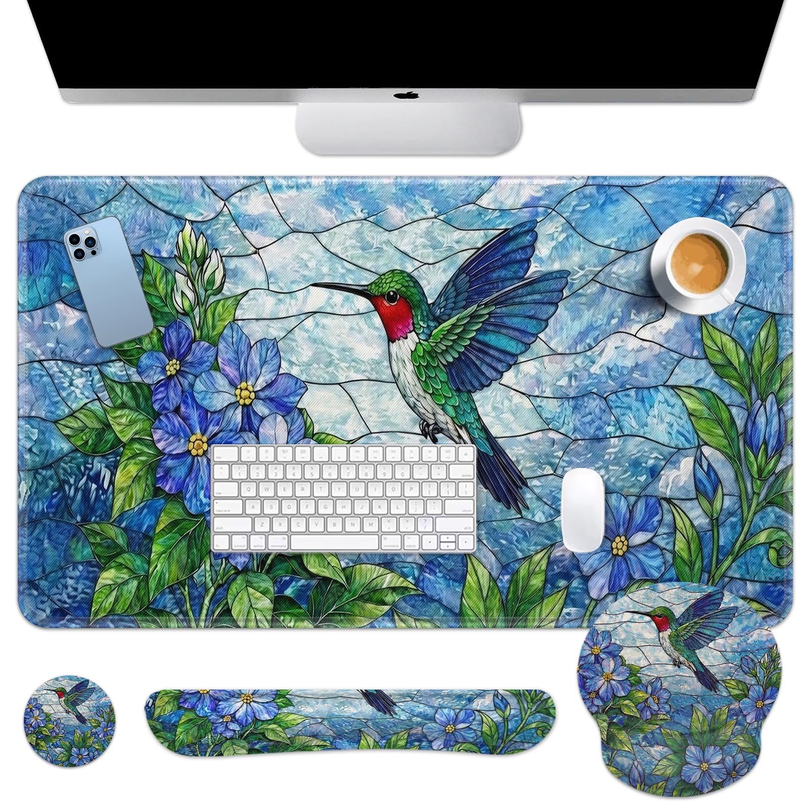 Britimes Set di tappetini per mouse con motivo floreale con colibrì botanico blu natura 4 in 1 grande tappetino per mouse + poggiapolsi + poggiapolsi + sottobicchiere design ergonomico per computer di