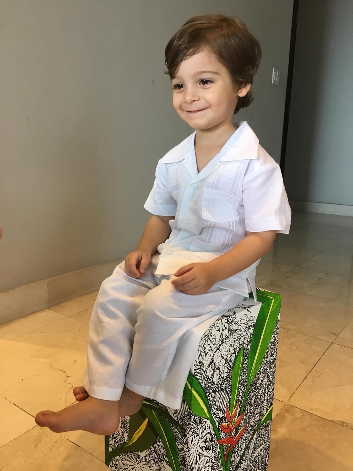 Mambo White Linen 2-Piece Guayabera Set – Baby Boy Short Sleeve Shirt and Shorts for Weddings or Christenings