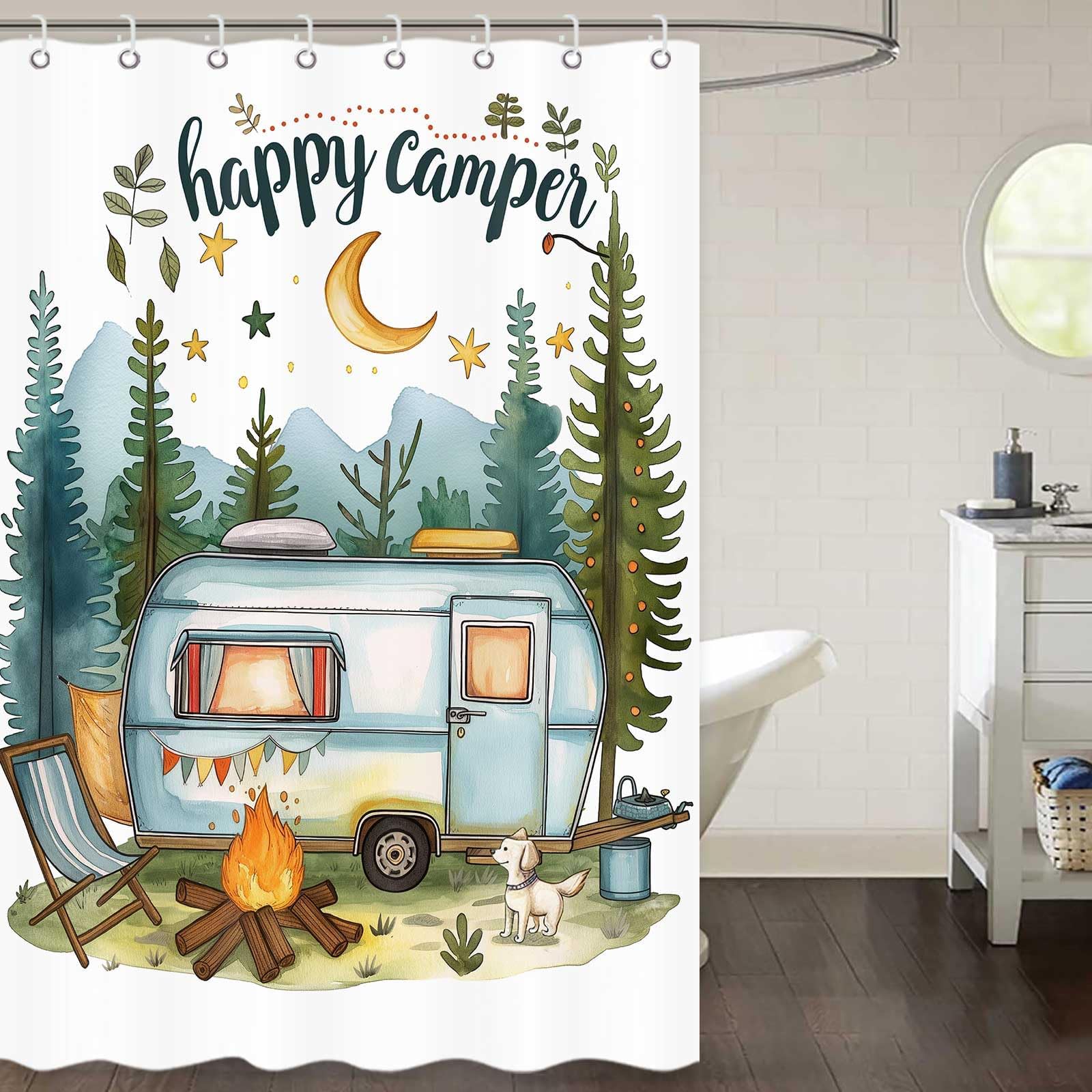 UIYIUI Happy Camper Small Stall RV Shower Curtain 71x94in-180x240cm Rustic Pine Tree Adventure Tent Camping Travel Bathroom Curtains, Dog Watercolor Scenery Waterproof Fabric with Hooks