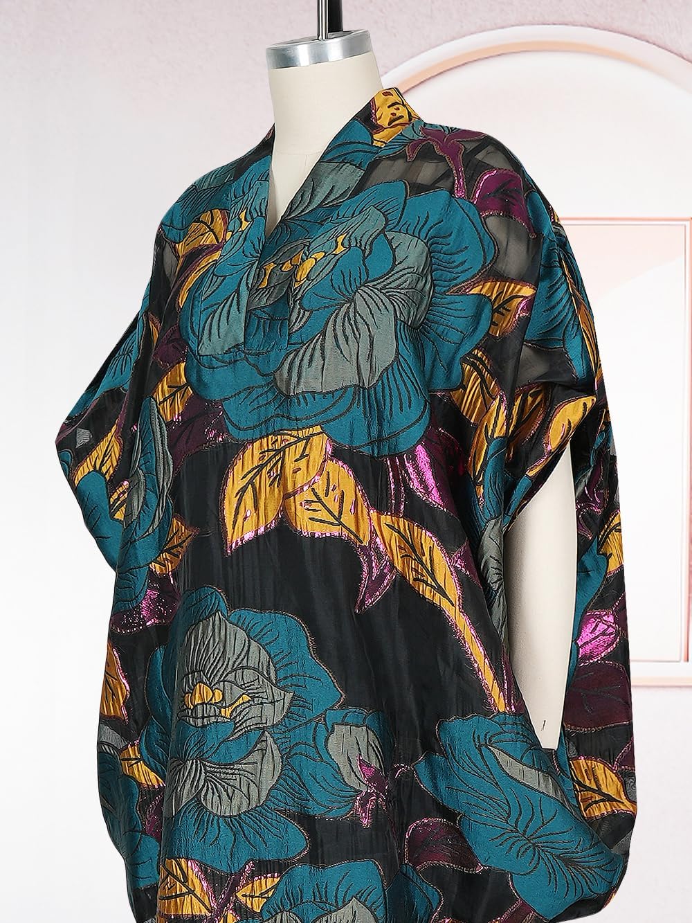 HD African Stylish Bubu Dress for Woman Floral Pattern Caftan Gown Adjustable Sleeves with Buckle - Image 5