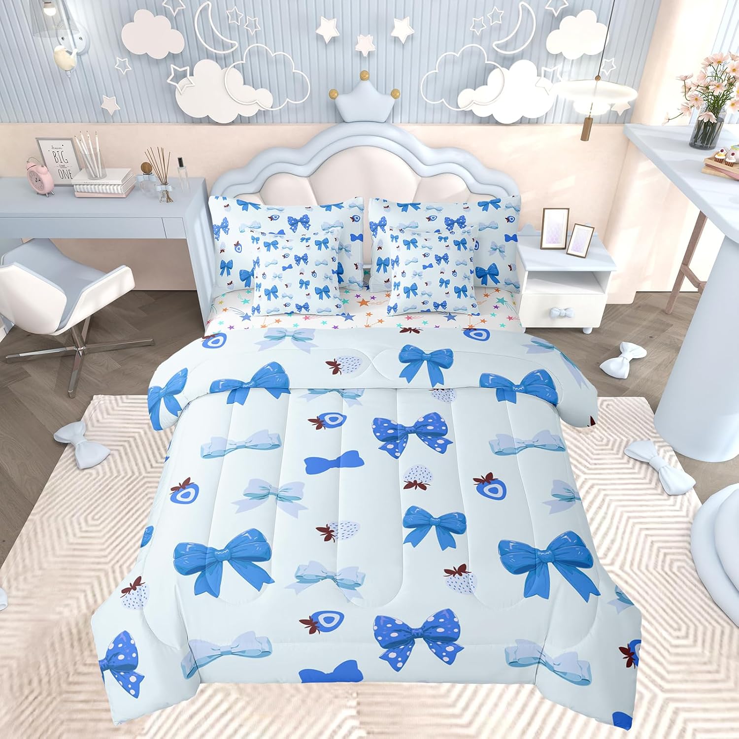 Feelyou Blue Bow Comforter Set with Sheets Cute Bowknot 7 Piece Bedding Set Twin Size for Kids Princess Girls Aesthetic Coquette Bed in a Bag