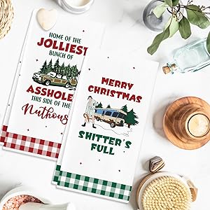 Cheroloven Christmas Vacation Decorations, 2 Pack Funny Holiday Kitchen Towels, Griswold Family Cousin Eddie Christmas Vacation Merch Gifts, Holiday Bathroom Decor Hand Towels, White Elephant Gifts