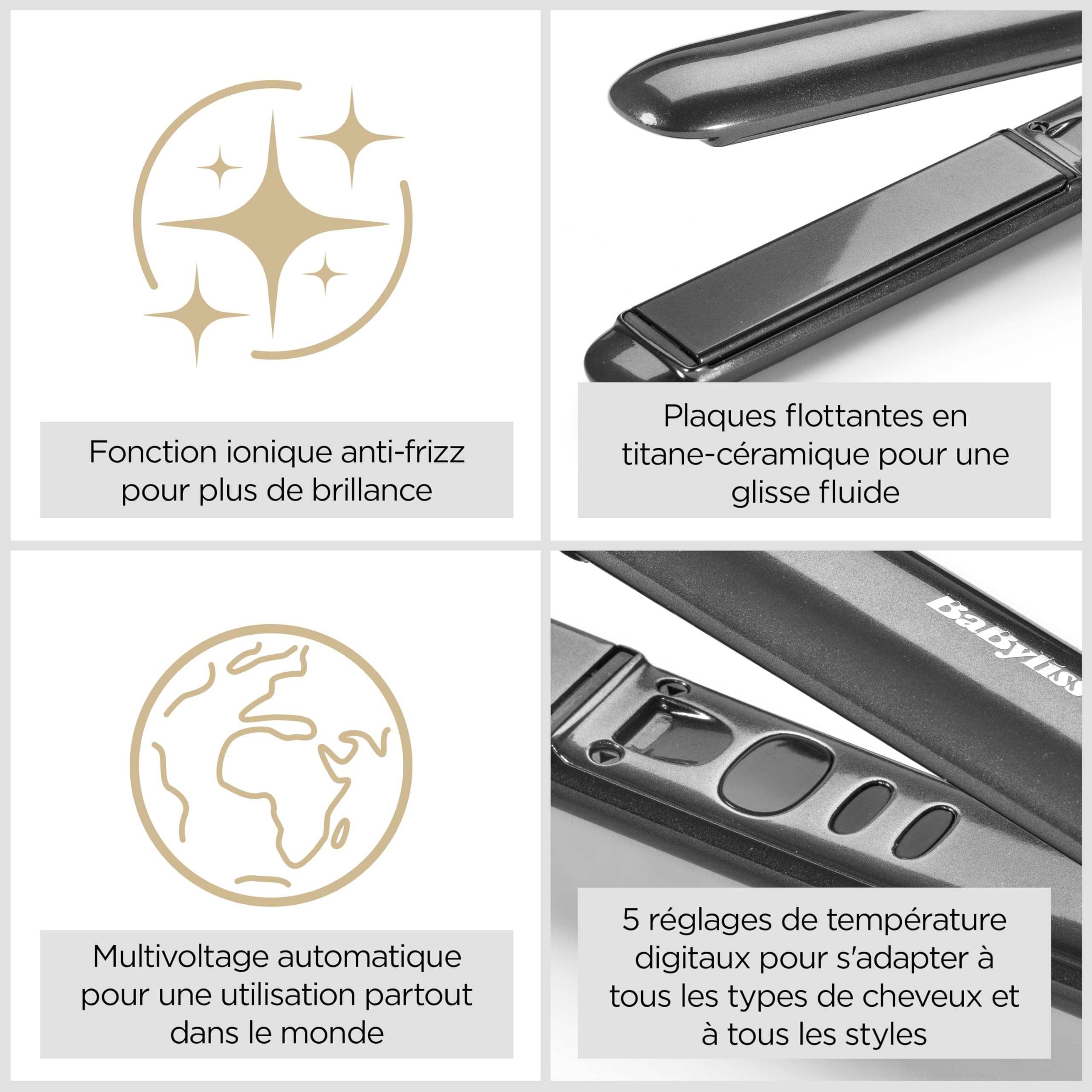 BaByliss Lisseur cheveux Titanium Shine – Plaques en titane-céramique, 5 réglages de température 150–230°C, Utilisation mondiale, Argenté, ST260E