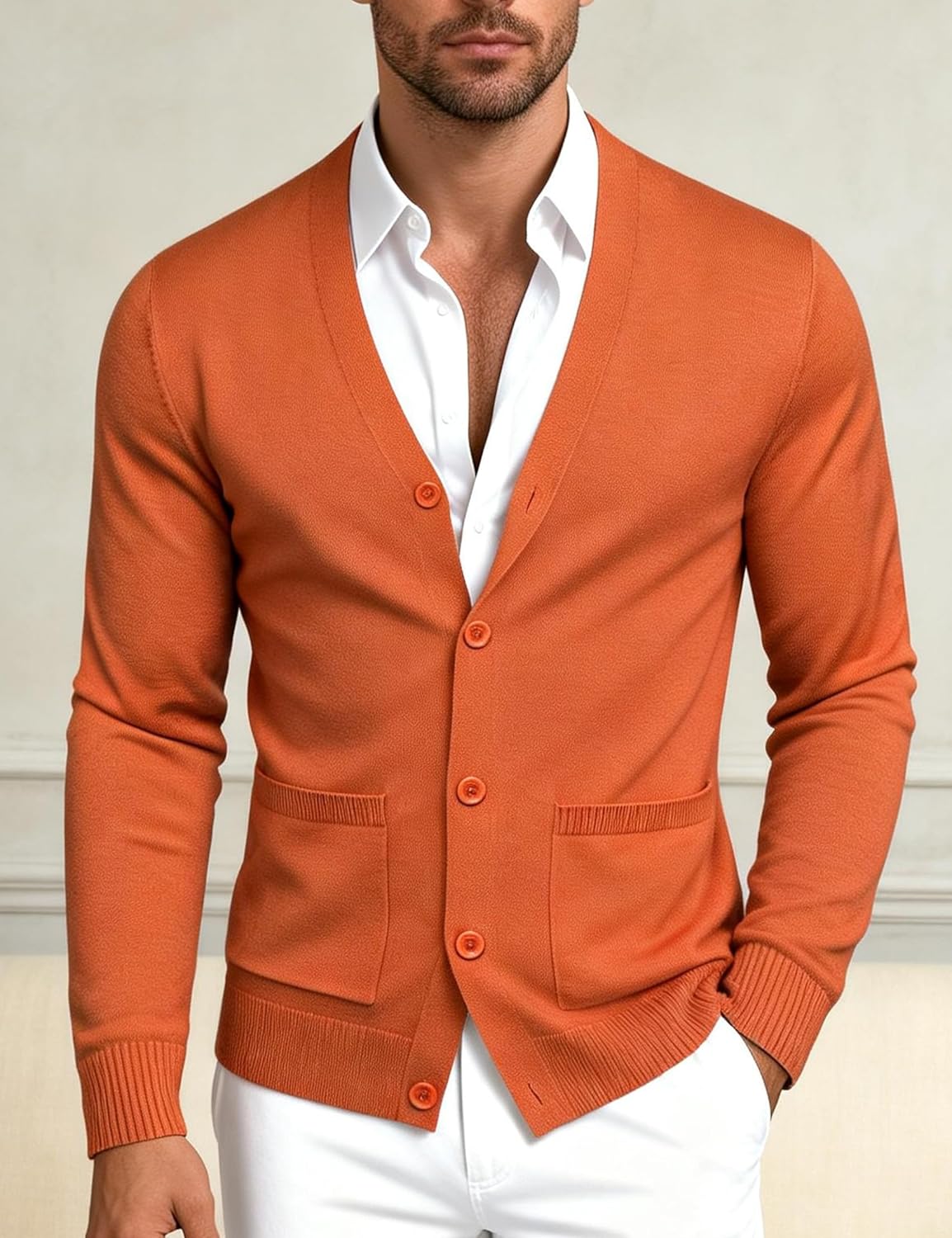 Barry.Wang Mens Cardigan Sweater Long Sleeve Casual V Neck Solid Knitwear Cardigans with Pockets Business Weekend - Image 3