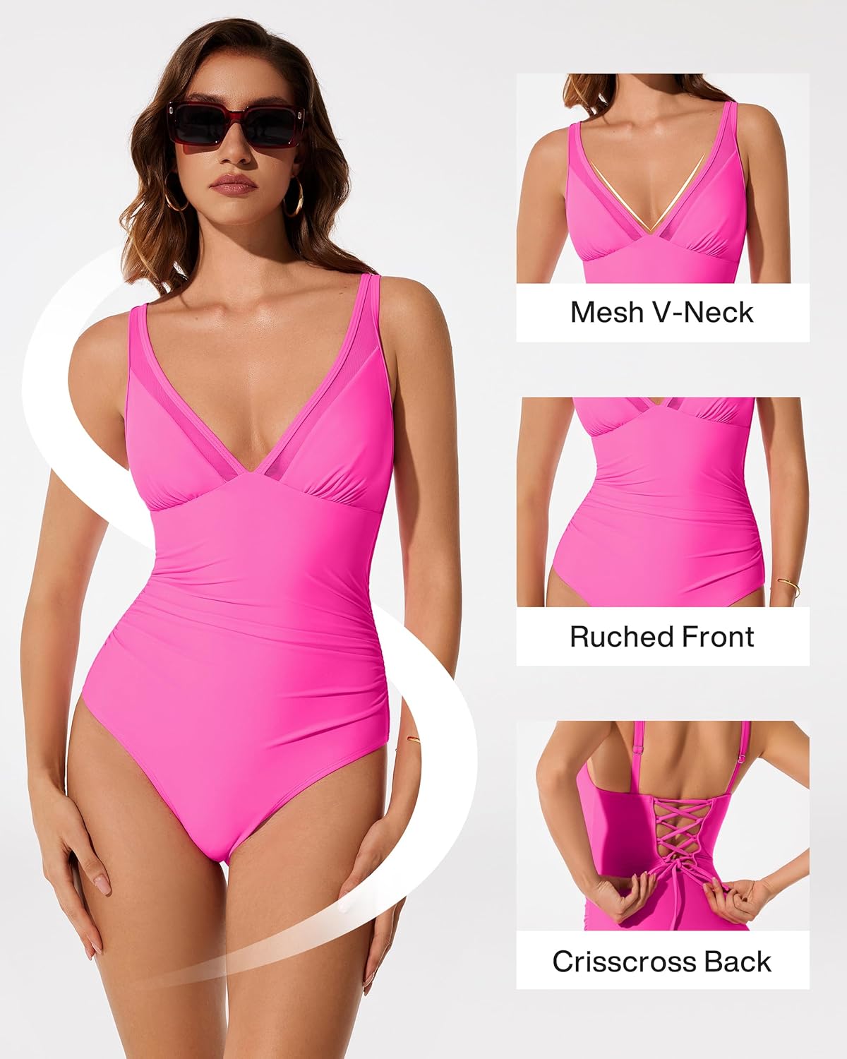 RXRXCOCO Women Sexy Mesh Tummy Control One Piece Swimsuit Ruched Slimming Shapewear Bathing Suit Lace Up Back Swimwear - Image 5