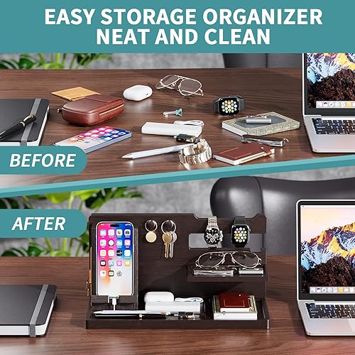 Miniatura 5 de Yirilan Estación de acoplamiento de madera para teléfono, organizador de mesita de noche, regalos de cumpleaños para hombres, regalos para