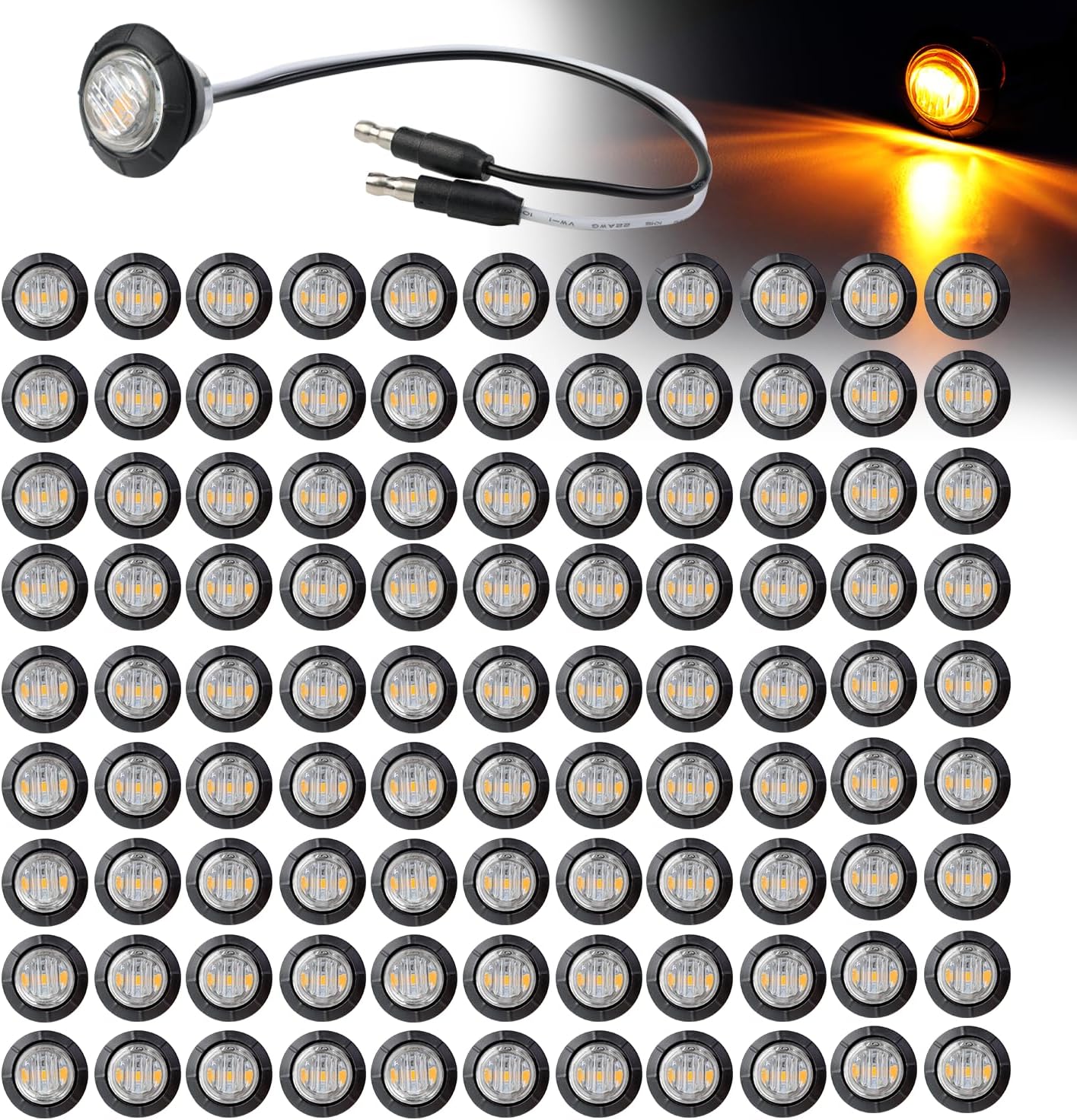 100 Pcs 3/4 Inch Round Marker Clear Lens & Amber Light Button 3 LED with Connector Plugs for Trailer Truck Lorry SUV ATV RV Bus Clearance Signal Lamps 12V DC