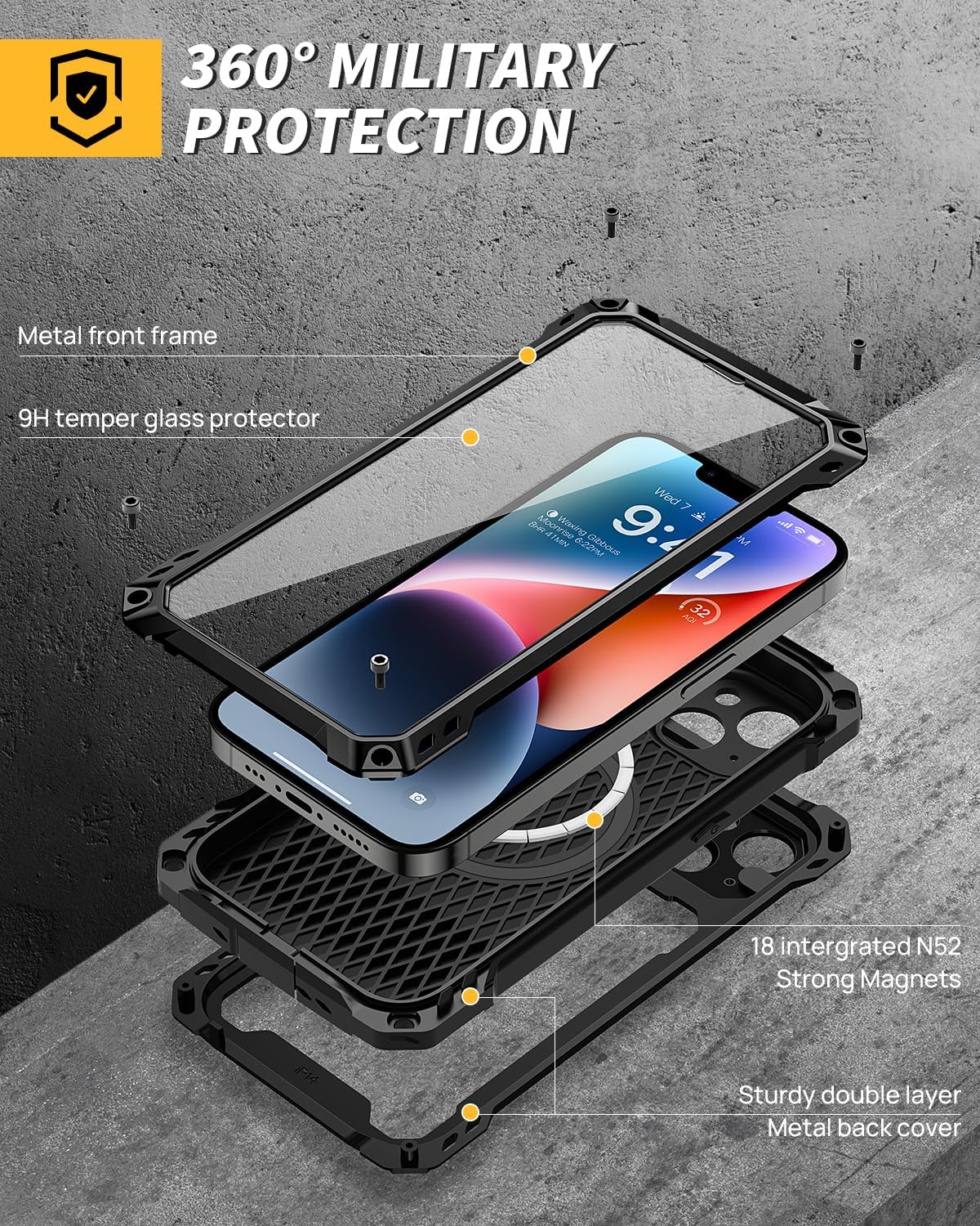 Lanhiem Magnetic for iPhone 14 Metal Case, [Built-in Camera Kickstand & Glass Screen Protector] Heavy Duty Shockproof Full Body Rugged Protective Magsafe Cover for iPhone 14 6.1" (Black) - Image 2