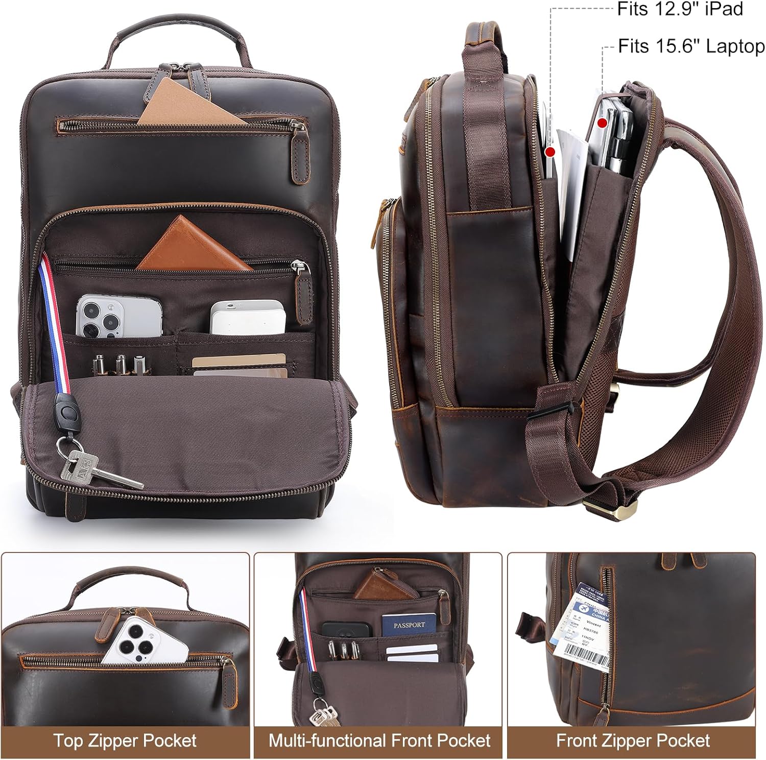 TIDING Full Grain Leather Laptop Backpack for Men, Vintage 15.6 Inch Computer Work Bag College Business Casual Daypack - Image 3