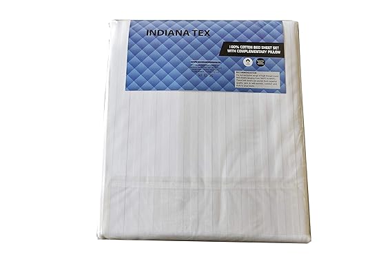 INDIANA TEX 100% Cotton Satin Stripes 300 TC Double Bedsheet with 2 Pillow Covers (White, Queen)