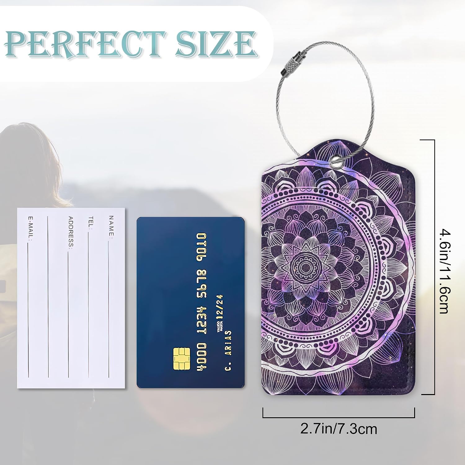 Luggage Tags for Suitcase,2 Pack Boho Mandala Luggage Tag Galaxy Starry Leather Privacy Cover ID Label with Stainless Steel Loop for Women Men Kids Girls Travel image 3