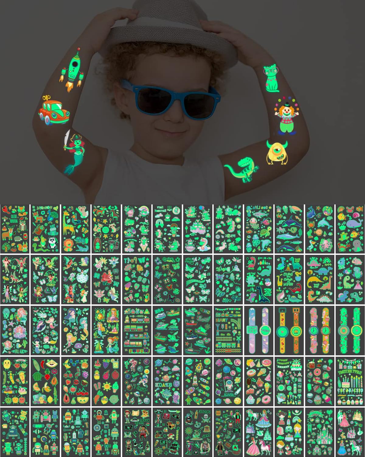 MYGLOAR 350 PCS pegatinas de tatuajes luminosas, tatuajes luminosos para niños, tatuajes temporales para niños y niñas, pegatinas de tatuajes falsos de sirena de mariposa, pequeños regalos para niños