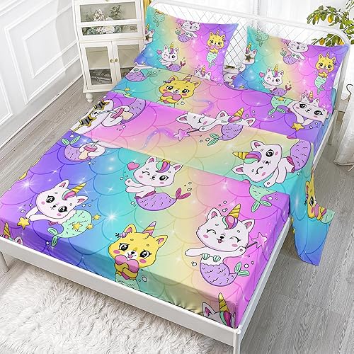 Axolotl Kawaii - Juego de sábanas de unicornio y gatos, tamaño individual, juego de sábanas de dibujos animados de arco iris, juego de ropa de cama