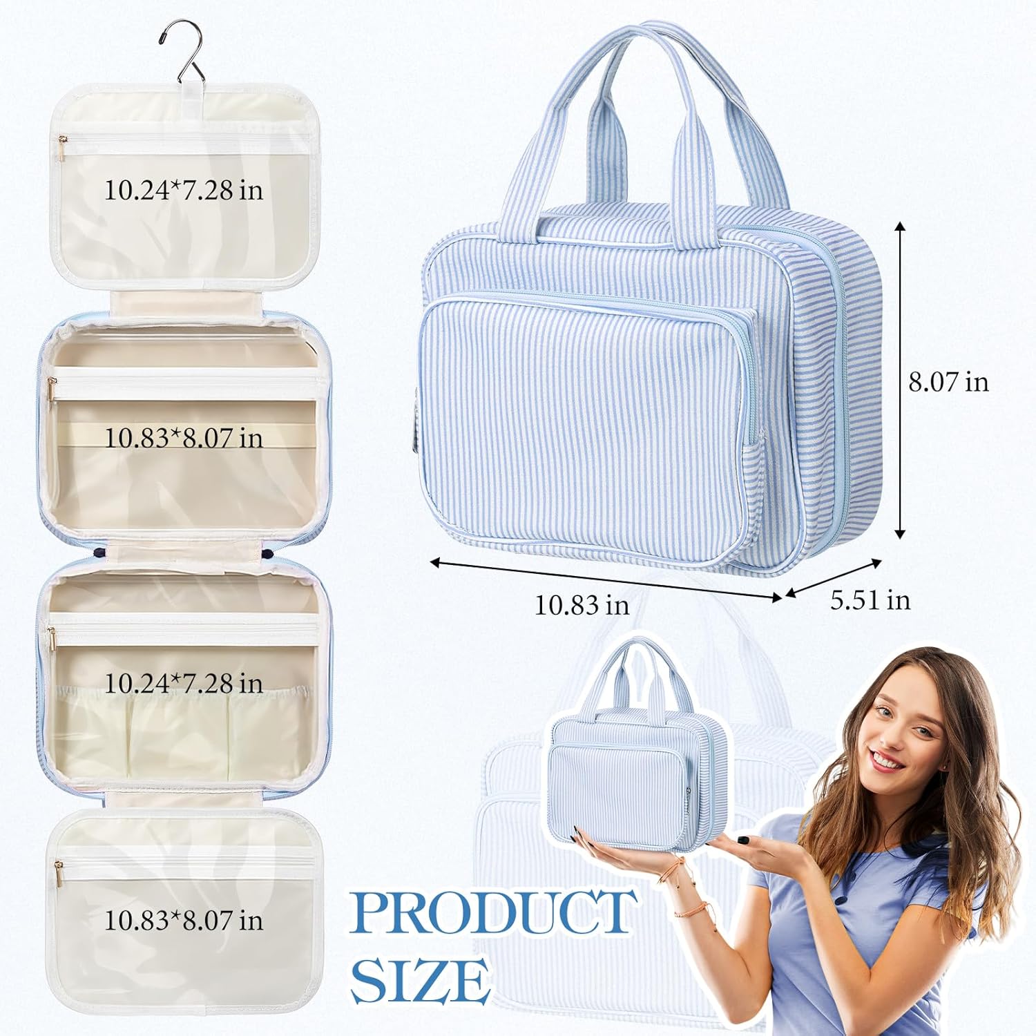 Hanging Toiletry Bag for Women with Detachable Pouch, Travel Toiletry Bag, Travel Size Toiletries, Cosmetic Bags, Seersucker Makeup Bags Gifts for Her Mom Girlfriend Wife Teacher(Blue) - Image 2