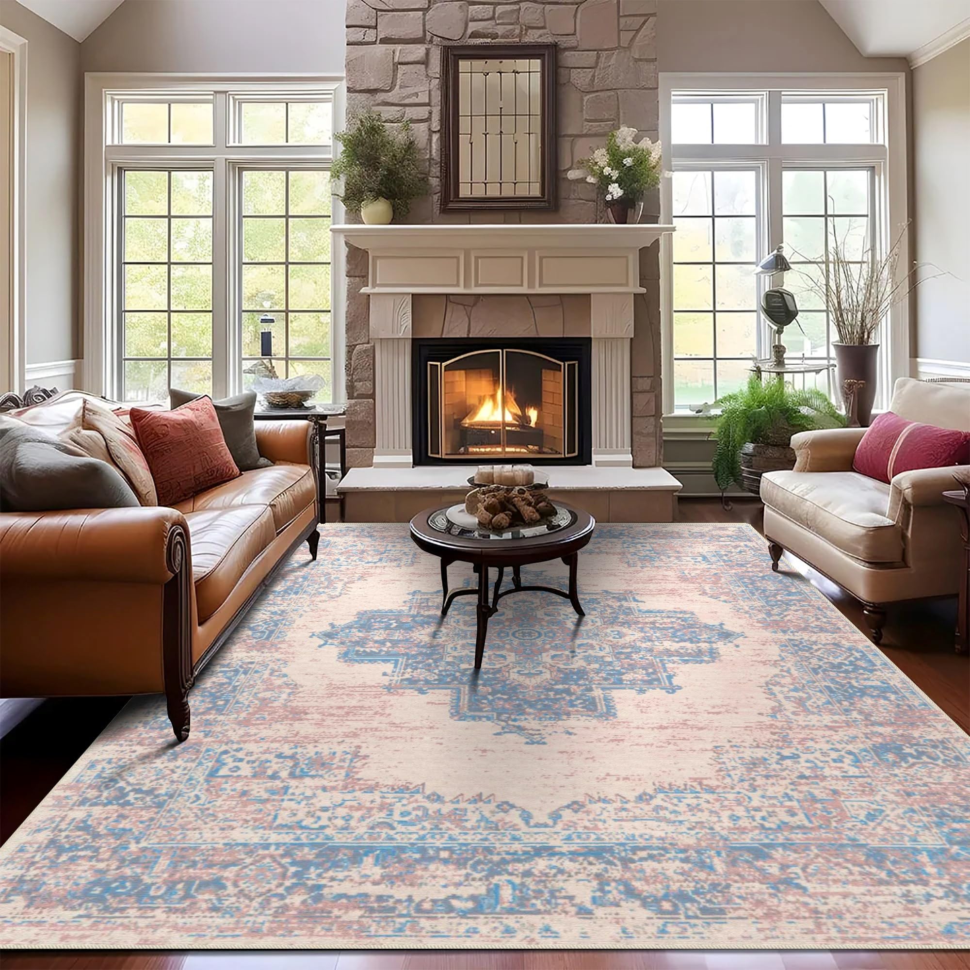 vivorug 8x10 Area Rugs for Living Room, Non-Slip Backing Washable Rug 8x10, Large Area Rug Soft Carpet for Bedroom Dining Room, Vintage, Easy Clean, Durable, Low Pile Rug Under Table, Pink