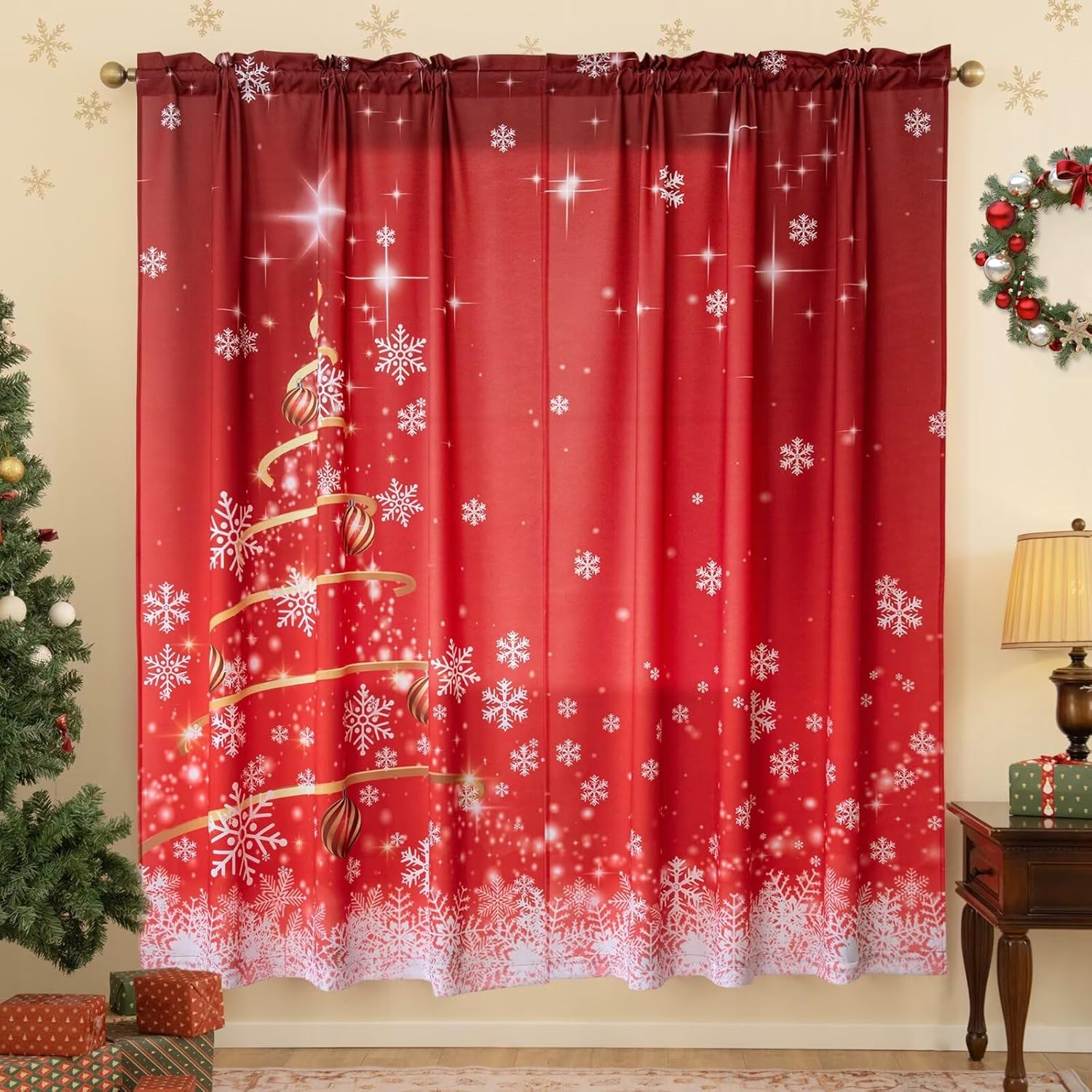 MikiUp Snowflakes Christmas Curtains for Bedroom - Xmas Ombre Curtain 84 Inches Long, Room Darkening Thermal Insulated Rod Pocket Window Drapes Set of 2 Panel, 52 x 84 Inch 52"W x 84"L (Pack of 2) Red/Snowflake