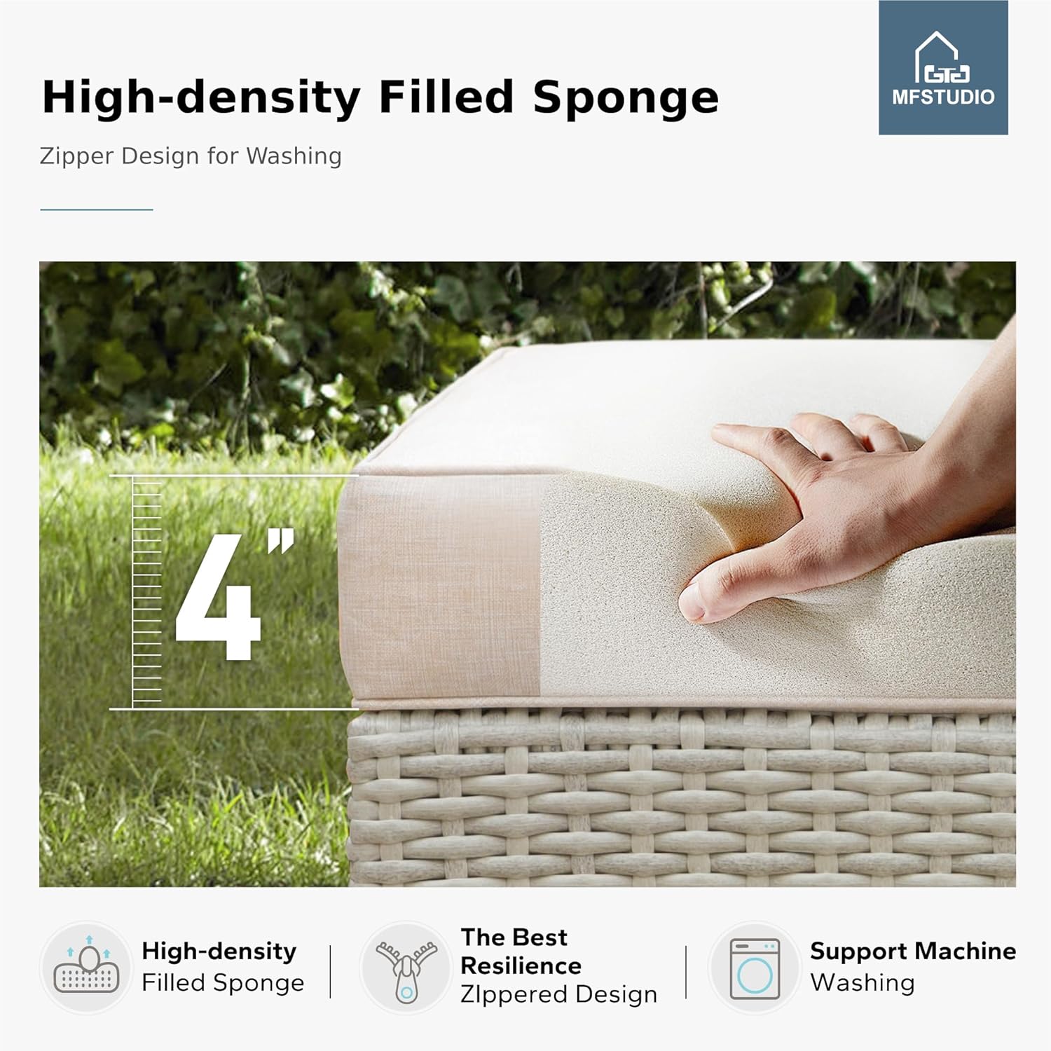 MFSTUDIO Wicker Patio Furniture Set, All Weather Rattan Outdoor Conversation Set with 2 Ottomans, 5 Pieces Patio Sectional Modular Sofa Couch Set with Wood Coffee Table, Beige Cushions