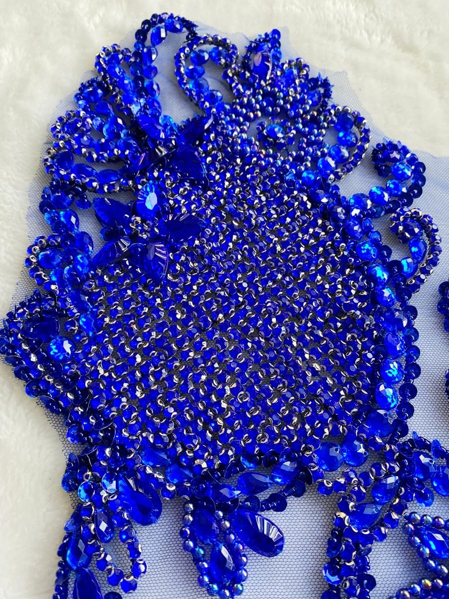 Pure Handmade Bodice lace Rhinestones Applique Sewing Stones Beads Crystal Trimming Patches Accessories for Weding Dress Decorations 13.7X22inches (Blue)