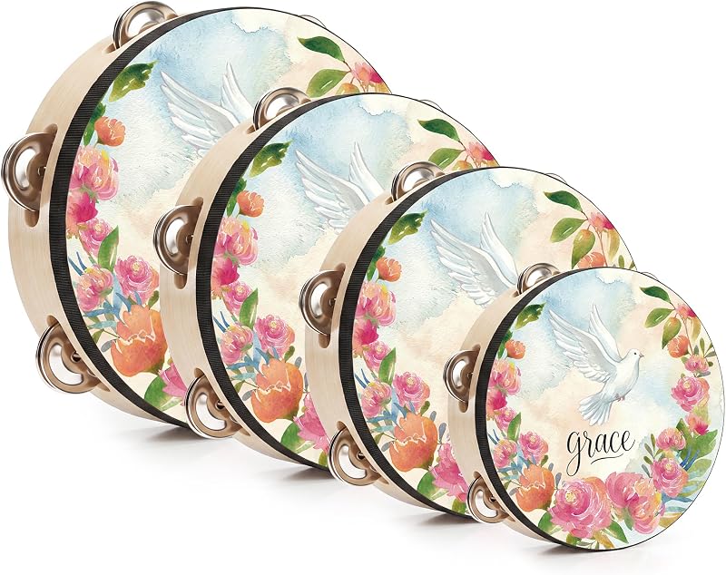 4 Pcs Christian Tambourines for Adult, Dove Church Tambourine, 4”-10” | 4-Size Tambourine for Church, Dove and Grace Floral Design, Poplar Wood Frame, Polyester Drumhead, Metal Jingles, Easy Grip