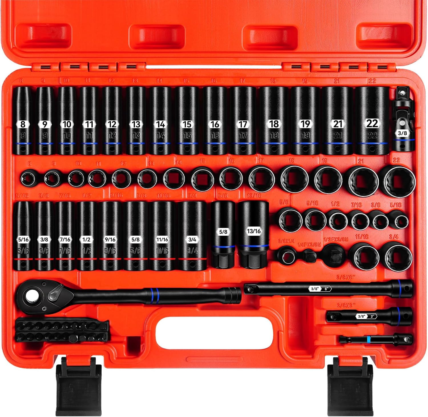 ZHAX 3/8 Inch Drive 12 Point Impact Socket Set, 74 PCS Standard SAE(5/16"- 3/4") & Metric(8-22mm) With Color Ring, Deep & Shallow, 72T Wrench Ratchet Tool Kit,Cr-V With Heavy Duty Storage Case