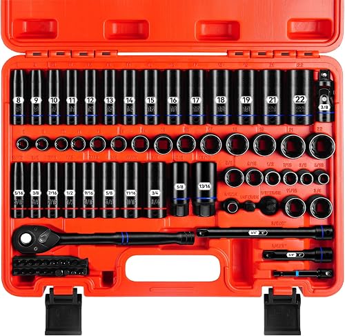ZHAX 3/8 Inch Drive 12 Point Impact Socket Set, 74 PCS Standard SAE(5/16"- 3/4") & Metric(8-22mm) With Color Ring, Deep & Shallow, 72T Wrench Ratchet Tool Kit,Cr-V With Heavy Duty Storage Case